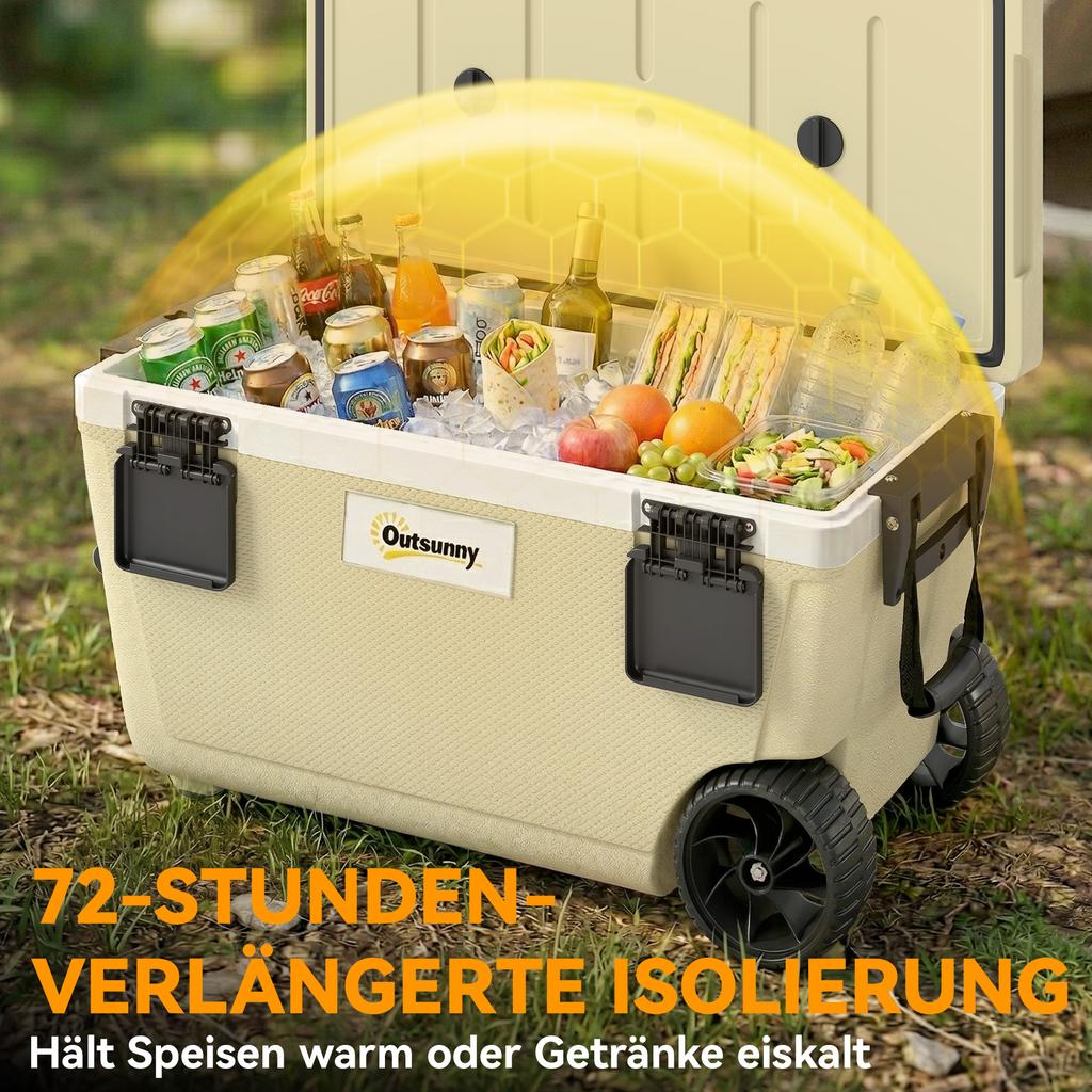 70L Insulated Cool Box with Wheels, Portable Ice Cooler with Handle, Lid and Drain Valve, Khaki