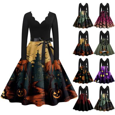 Sukienka damska na Halloween w stylu casual z dekoltem w serek i nadrukiem w stylu vintage