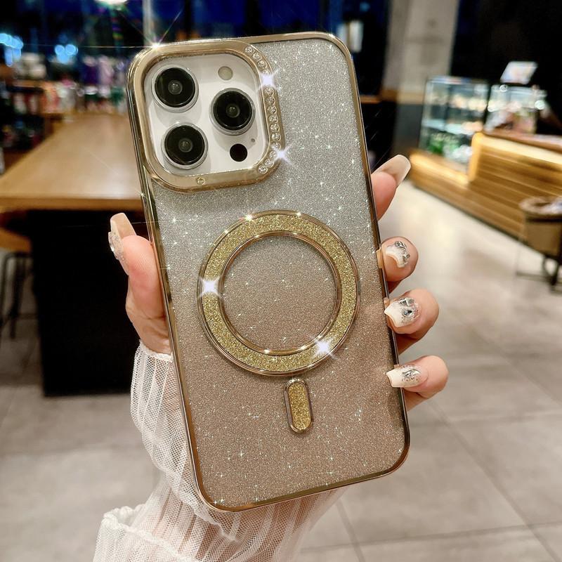 Applicable To IPHONE16 Flash Powder Magnetic Suction Mobile Phone Case Gradient Apple 15 ProMax Diamond 14 Electroplating Protective Case