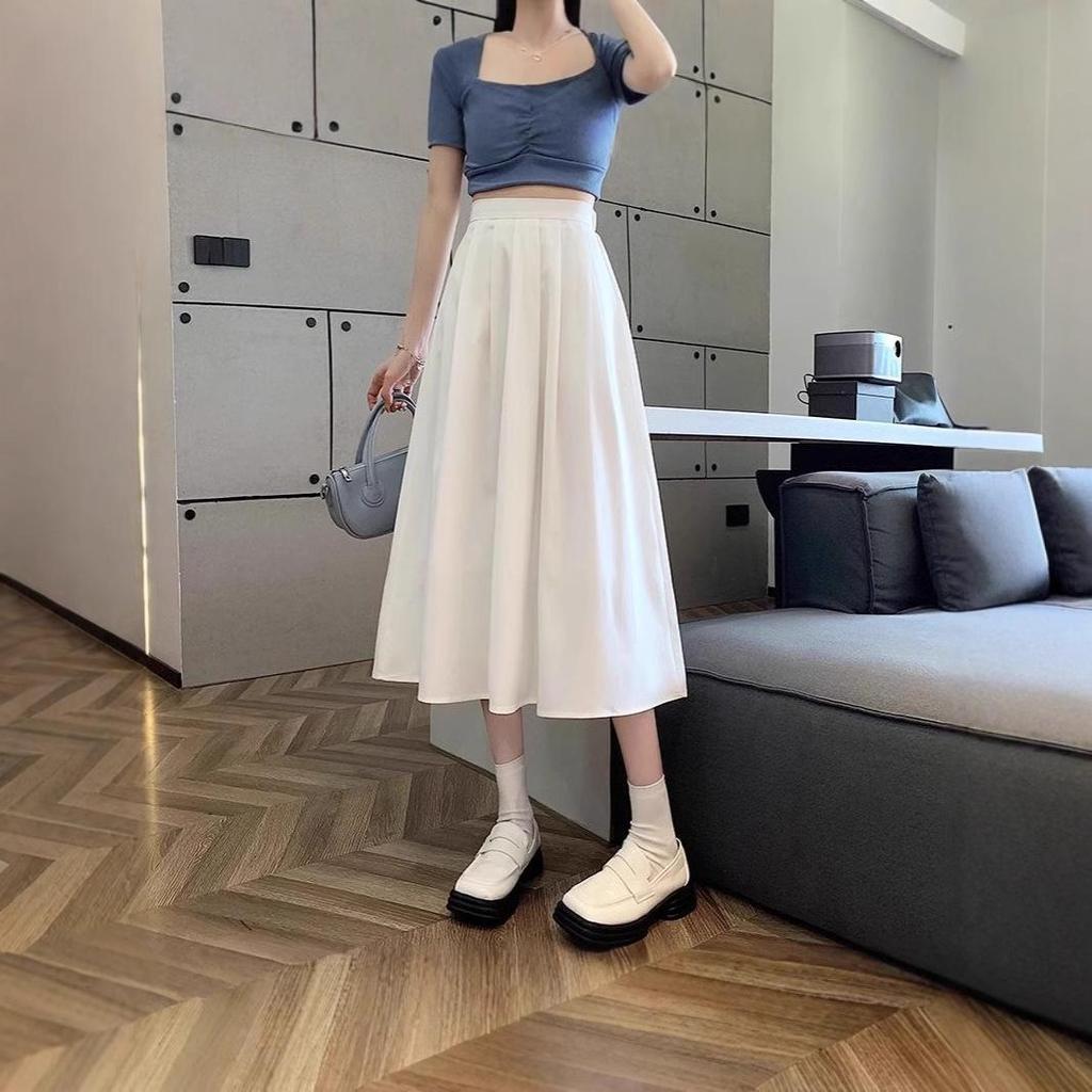White Pleated A-line Summer Midi Skirt for Women - Slimming and Trendy High Waist Umbrella Design, 2025 New