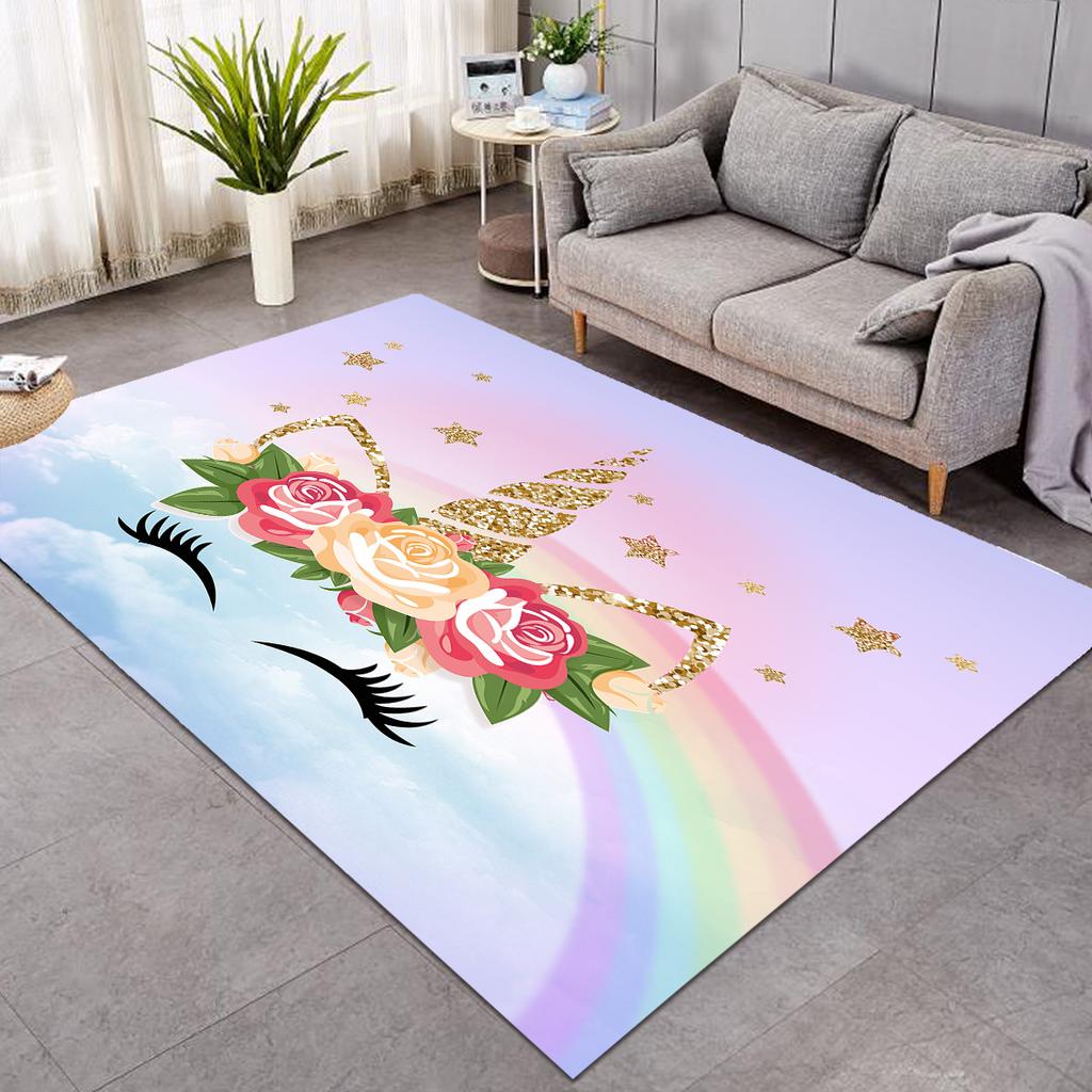 Cute Unicorn Carpet Cartoon Magical Animal Indoor Floor Mat Colourful Floral Area Rug for Kids Girls Living Room Decor Doormat