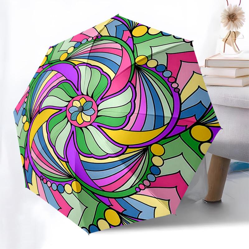 

1pc Colorful Mandala Automatic Folding Umbrella - Portable 3-Fold Design, 8-Bone Iron Frame Outdoor Umbrella, Perfect Festival Gift for Fans, Traveler