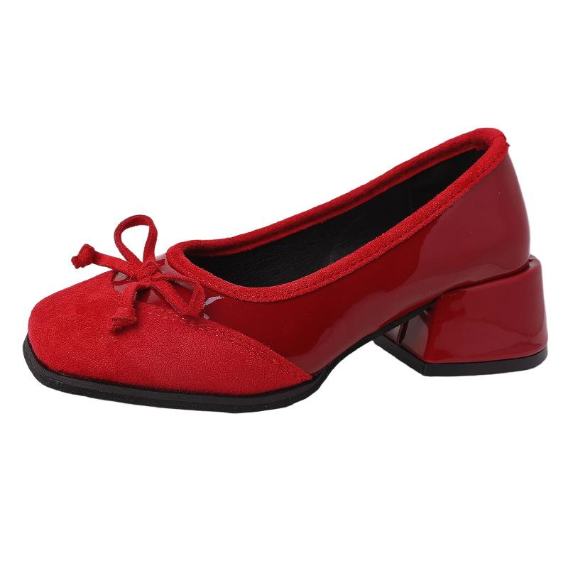 French Bow Thick Heel One Pedal High Heels Autumn Ballet Shoes Bag Head Small Leather Shoes Women Mary Jane Single Shoes