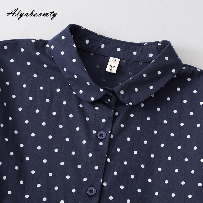 Mori Girl Spring Autumn Women Shirt Dress Turn-Down Collar Polka Dot Loose Dress Navy Blue Vintage Elegant Chic Dress