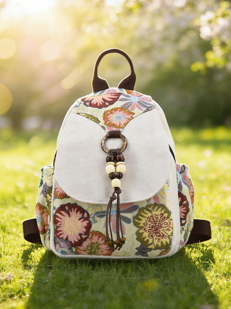 Ethnisch inspirierter Canvas-Rucksack für Damen mit Stickerei und Quasten für den täglichen Gebrauch