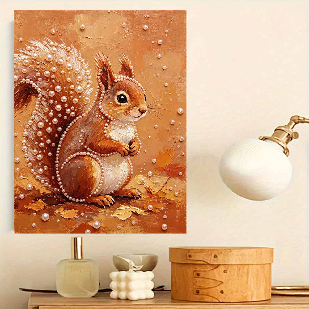 Cute Squirrel Autumn Leaf 5D Pearl Painting Kit with Frame DIY Sparkling Bead Canvas Art Relaxing Craft for Home Wall Room Decor