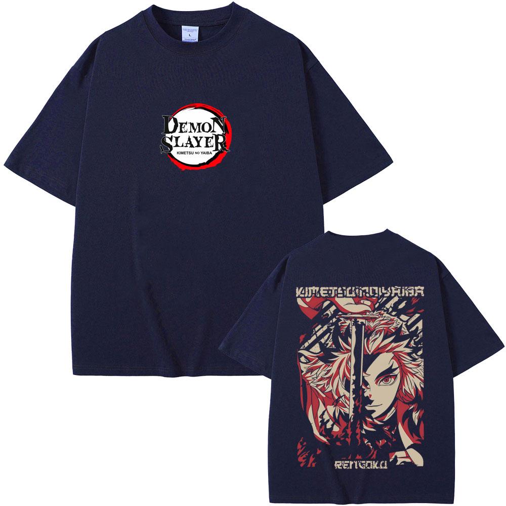 Anime Demon Slayer Rengoku Kyoujurou Double Sided Print T-shirt Summer Men Women Casual Oversized Tshirt Male Vintage T Shirts
