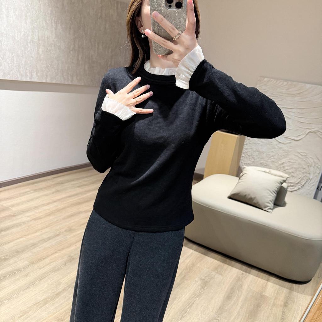 Women's Ribbed Velvet Patchwork Base Layer: Autumn/Winter Long Sleeve T-Shirt with Half-High Neck, 270g.