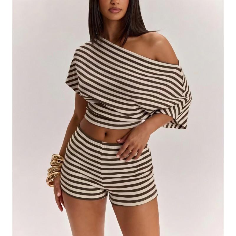 2026 Womens Striped Slim Fit Off-Shoulder Short Sleeve Top High-Waisted Shorts 2-Piece Casual Set