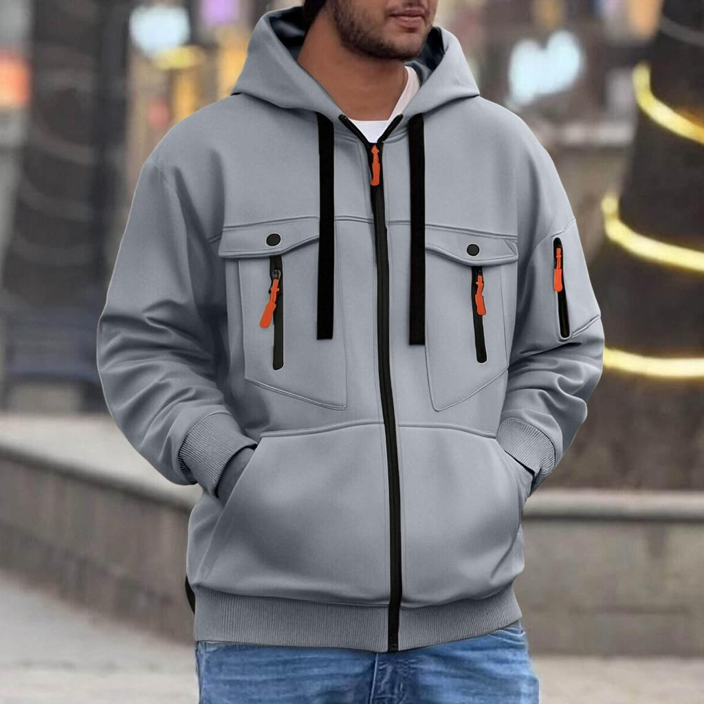 Men's Casual Athletic Jacket with Hood and Zipper, Multi-Pockets, Long Sleeve, for Fall