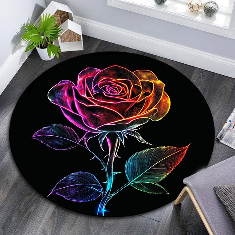 Rainbow Rose Round Area Rug,Carpet Rug for Living Room Bedroom Sofa Playroom Decor,Non-slip Floor Mat