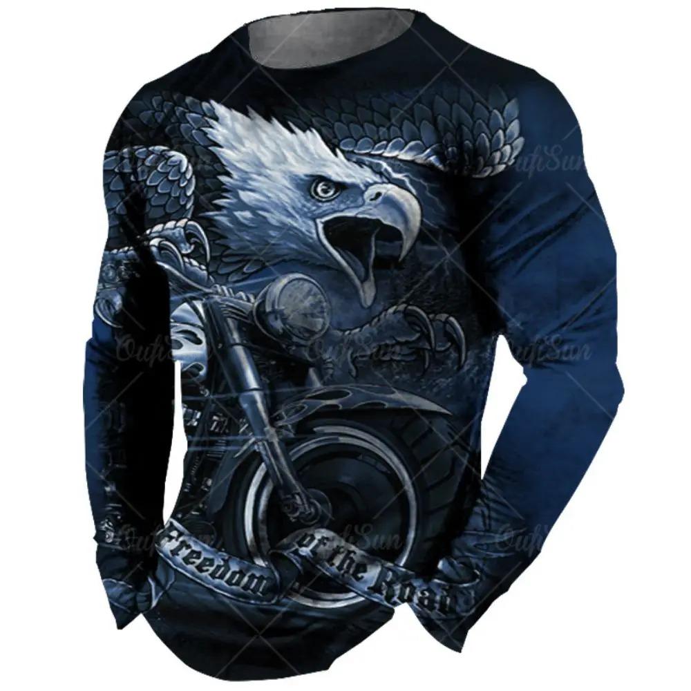 Fashionable Retro 3D Motorcycle Printed Pattern Men's Round Neck Long Sleeved T-shirt