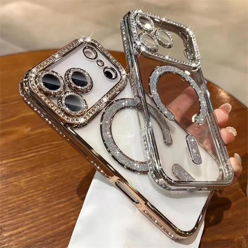 Diamond Glitter Plating Claer Phone Case For 17 Pro Max Air 14 15 Plus 11 12 13 16 Pro For Magsafe Magnetic Protect Cover