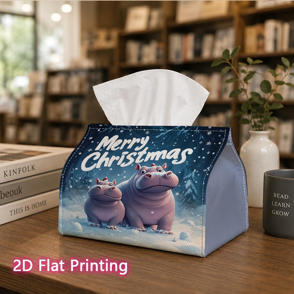 1pc, 2D Flat Printing, Tissue Box Happy Christmas Hippopotamus Family Pattern Printed Tissue Box, Suitable for Bathrooms, Living Rooms, Bedrooms, Dres