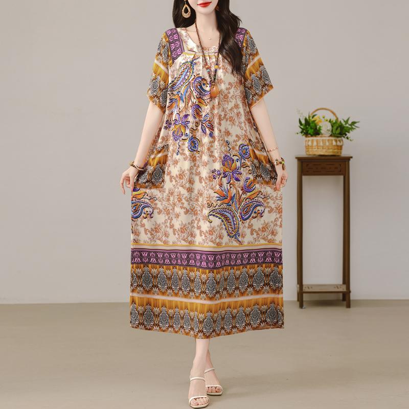 Women's Plus Size Maxi Dress, Boho Print Loose Short Sleeve Casual Dress with Pockets (XL-5XL)