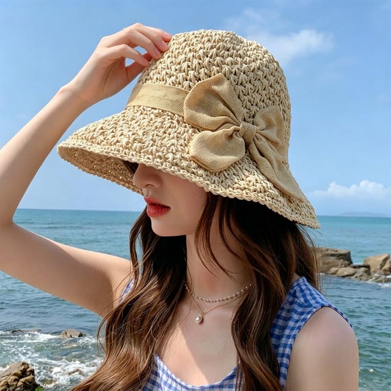 Elegant Bows Straw Hat for Women Breathable Summer Beach Hat Sun Protections Wide Brims Fisherman Cap