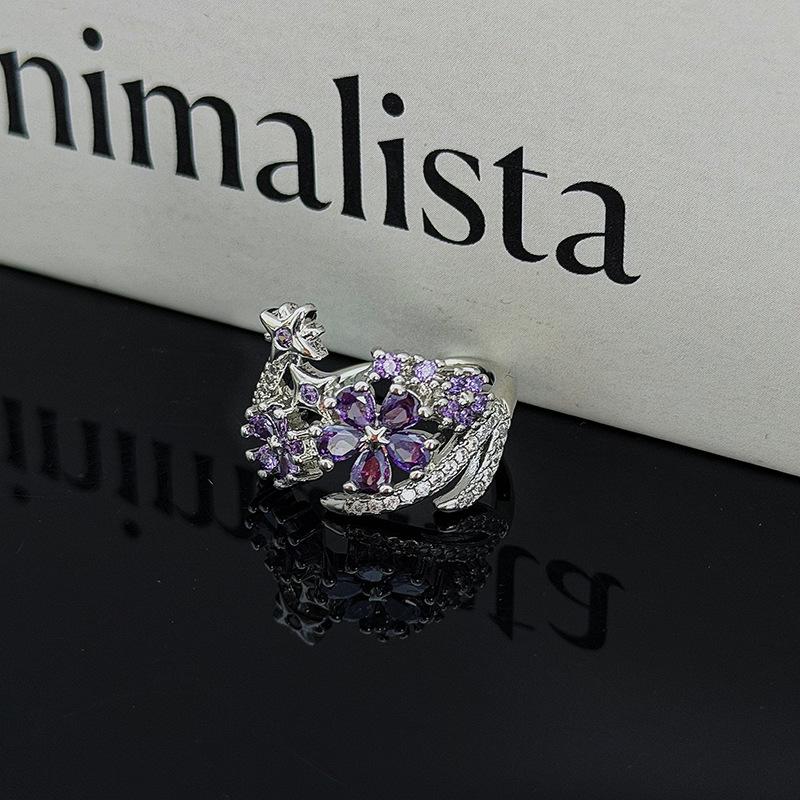 Atmospheric Luxury Colored Treasure Wings Flower Bow With Diamond Opening Ring Niche Stacked Ring Woman