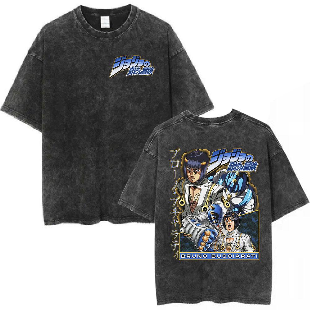 Anime 'JoJo's Bizarre Adventure' Tvättad T-shirt Giorno Giovanna Bruno Buccellati Mode för Män och Kvinnor Casual T-shirt