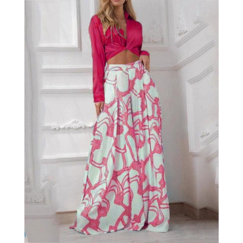 Women's Printed Casual Suit Lapel Sexy Lace-up Shirt. Waist Wide Leg Pants Two-piece Set