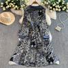 Spring Autumn Women Vintage Print V-neck Denim Patchwork Long Midi Casual Dresses