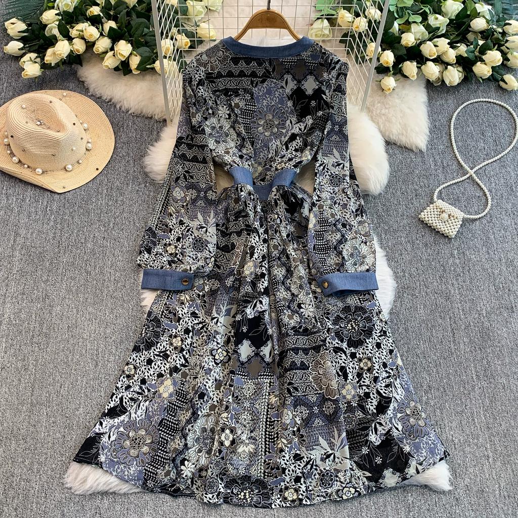 Spring Autumn Women Vintage Print V-neck Denim Patchwork Long Midi Casual Dresses