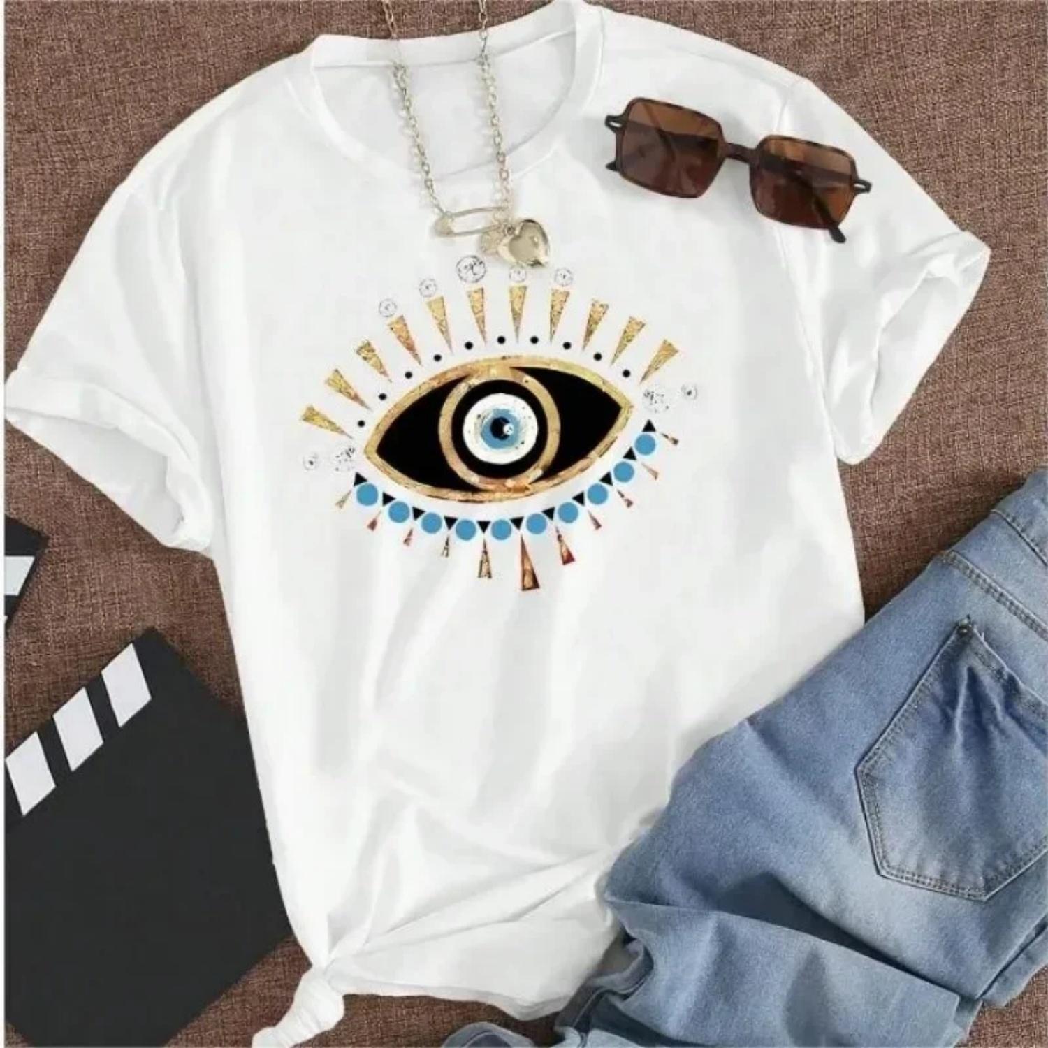 

Charming Eye Pattern Printed Short Sleeved Street Versatile Micro Elastic T-shirt Summer White Minimalist Women s Y2k T-shirt XXXXXL білий
