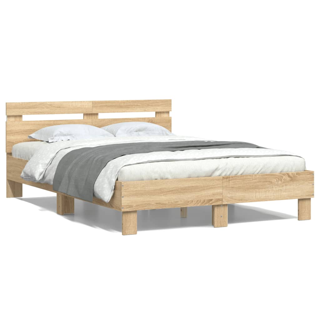 Vidaxl Rama Łóżka Z Wezgłowiem I Led, Dąb Sonoma, 135X190 Cm