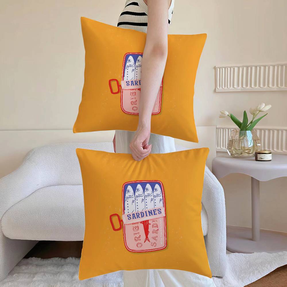 Cute Coastal Charm Sardines Pillow Case Anti-Dustmite Pillowcase Invisible Zipper Silky Short Plush Sofa Cushion Cover