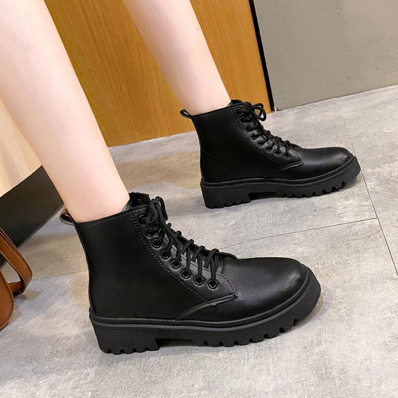 Black Front Lace-up Martin Boots Women's Spring 2023 New Thick-soled Heightening Short Boots Thin Boots