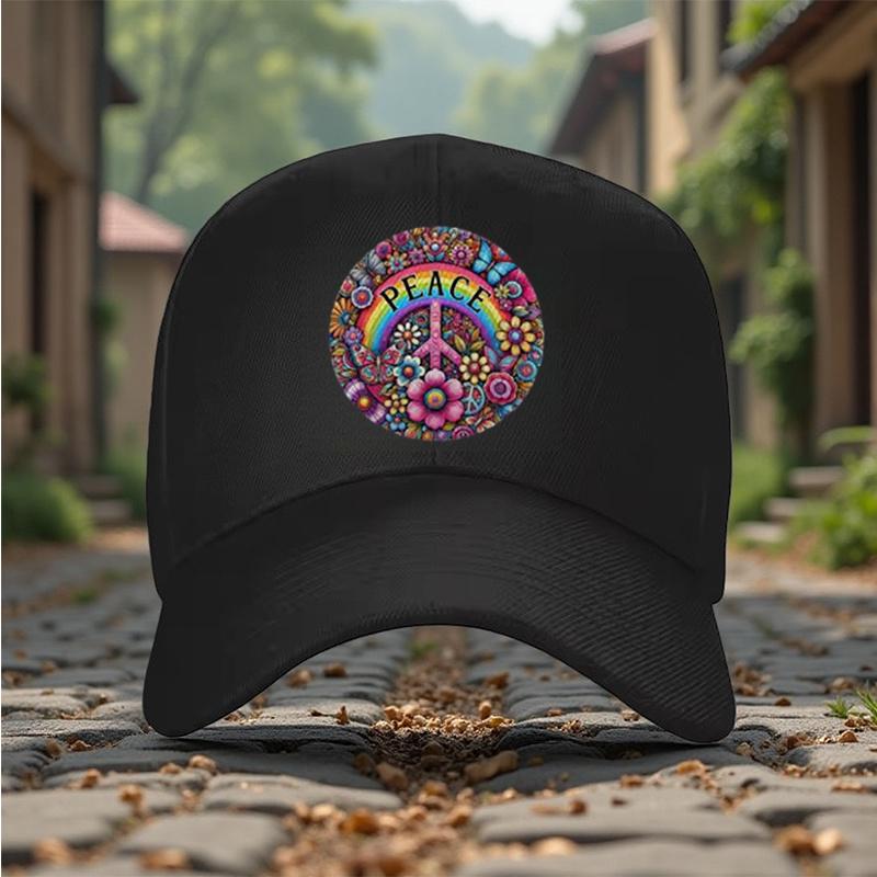 Peace Sign Hippie Rainbow Floral Print Baseball Cap Unisex Cotton Adjustable Casual Summer Hat