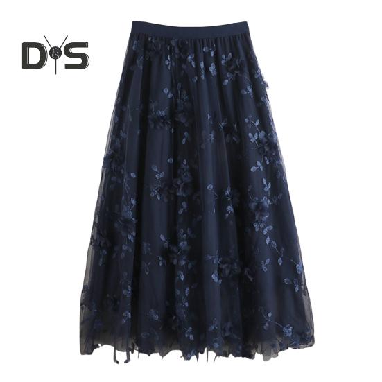 Women Midi Skirt Elastic High Waist Floral Embroidery Print Mesh Skirt Double Layered Tulle Large Hem A-Line Skirt
