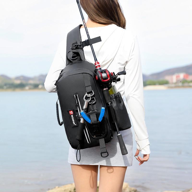 Multi-Compartment Fishing Tackle Bag With Waterproof PVC Construction Adjustable Shoulder Strap Spinning Rods Lures Lines