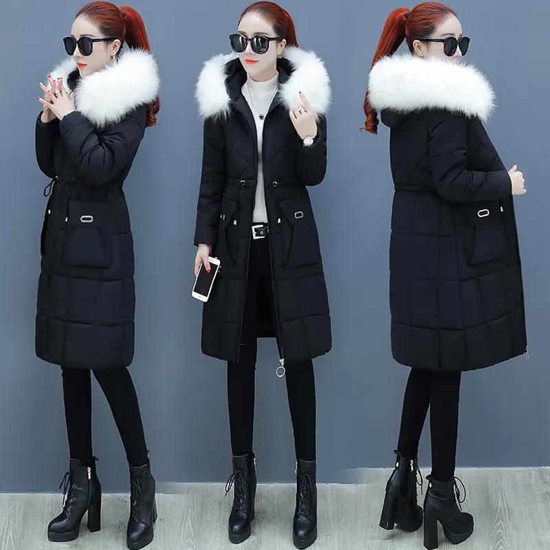 Winter Down Jacket Korean Style Waist Slim Mid-length Padded Jacket Thickened Large Fur Collar Women's Down Jacket