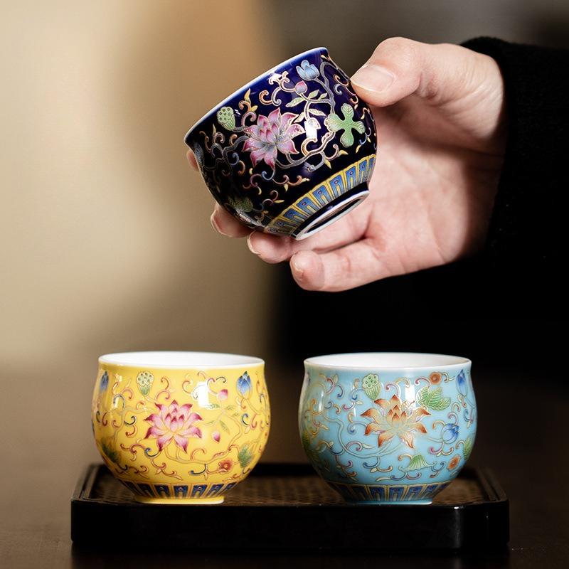Enamel Color Twisted Lotus Ceramic Tank Cup Drinking Teacup Chinese Retro Personal Kung Fu Tea Set Master Cup