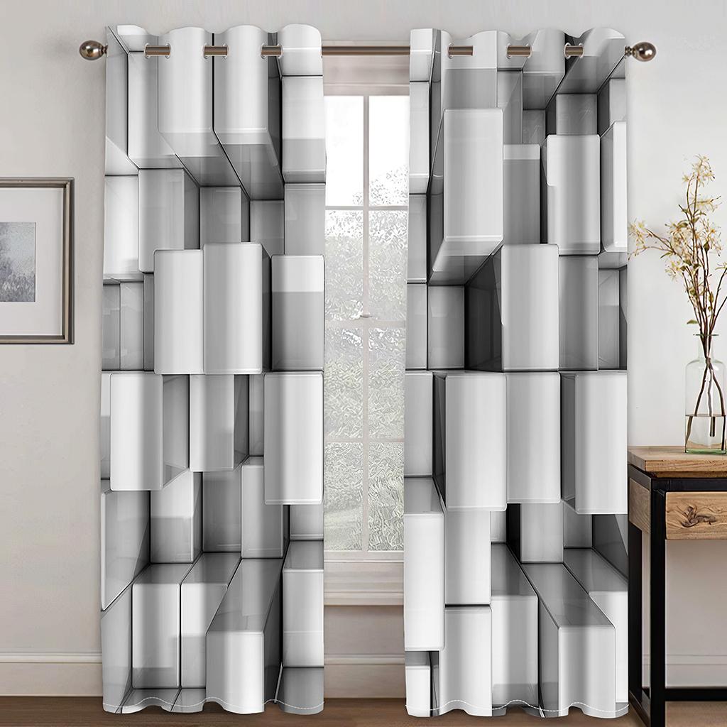 Silber Geometrie Quadrat Schwarz & Weiß Vorhänge 2 Paneele Rot Blau Wohnzimmer Schlafzimmer Küche Balkon Fenster Dekorative Vorhänge