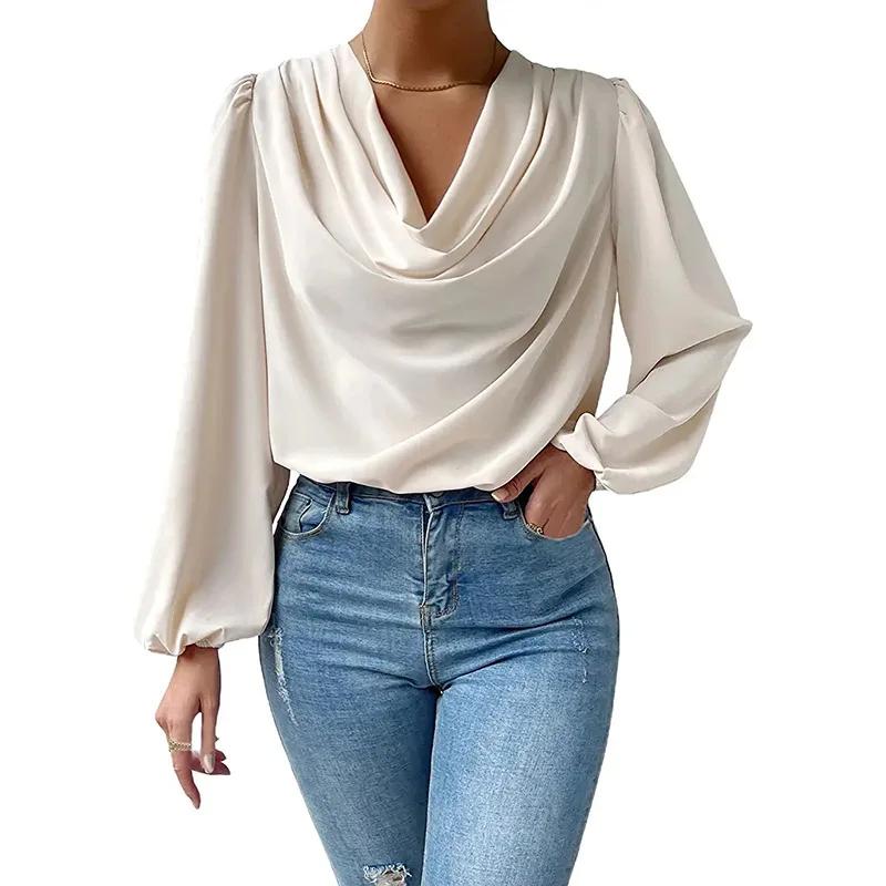 Chiffon Long-Sleeved T-Shirt Loose Draped V-Neck Top Pull On Tees for Women