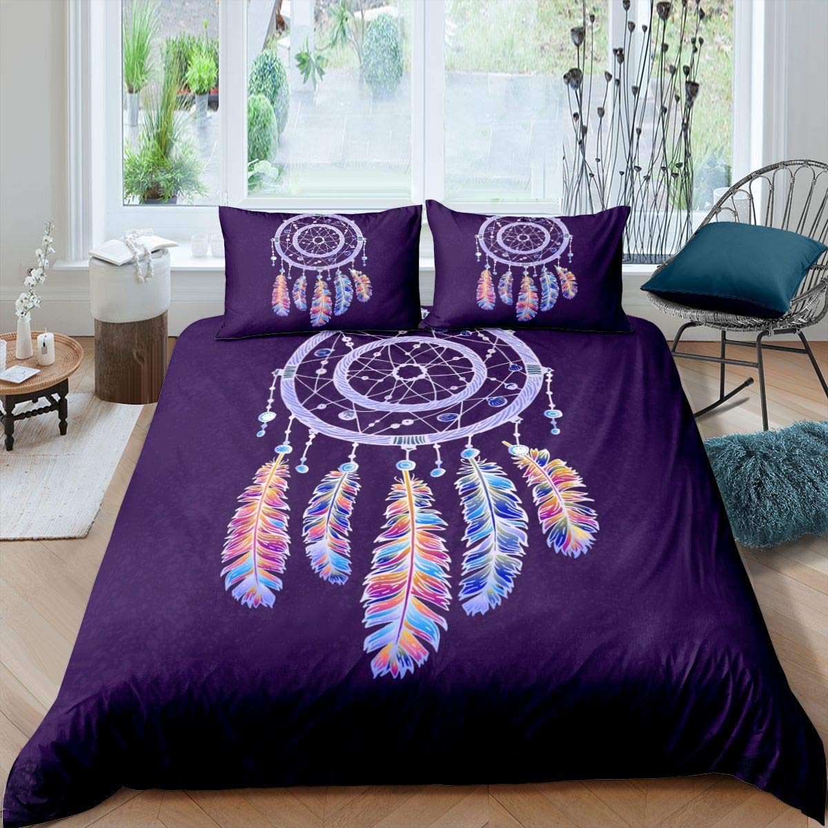 Bohemian Feather Dream Catcher Duvet Cover - Purple Dream Catcher Style,  Exotic Ethnic Design, King Size (135x200cm)