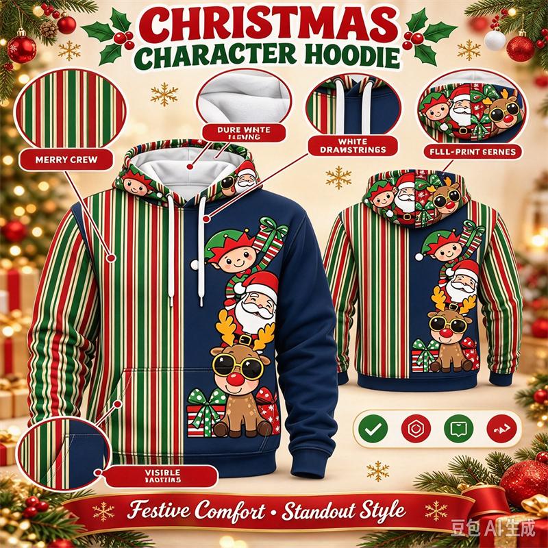 Santa Claus Christmas Hoodie For Men Funny Holiday Sweatshirt With Reindeer Snowman Tree Print Ugly Sweater Xmas Party Wear Tops