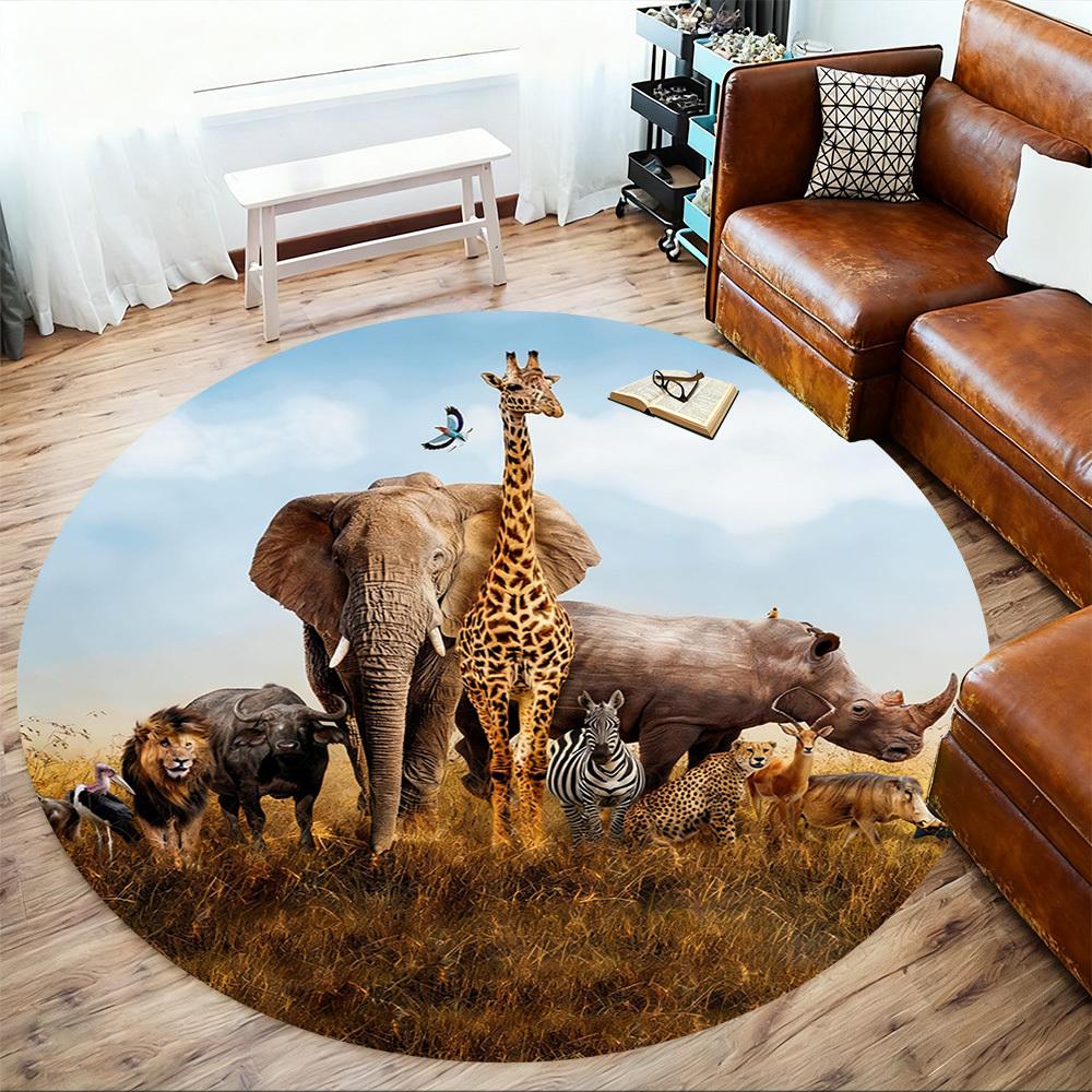 1pc African savannah animals Round Chair mat office Area Rug - Non-Slip, Floor Mat for Office, Bedroom, and Indoor Decor p127216