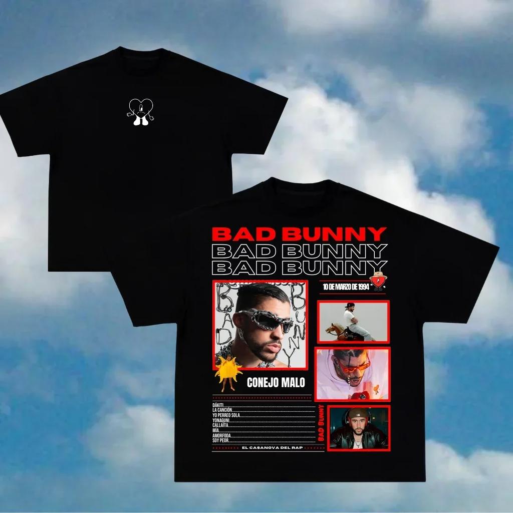 Bad Bunny Print T-shirts Men Oversize Y2k T-shirts Street Hip Hop Breathable High Quality Heavy Cotton Short Sleeves Male Tops