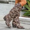 Fashion Plus Size Leopard Print Knee High Boots for Women Chunky High Heels Slip On Long Boots Woman Autumn Winter Fashion Party Shoes