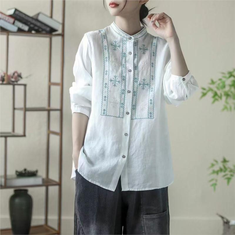 Johnature Cămașă vintage cu broderie de nișă de toamnă pentru femeie, cămașă cu mâneci lungi, cu un singur piept.