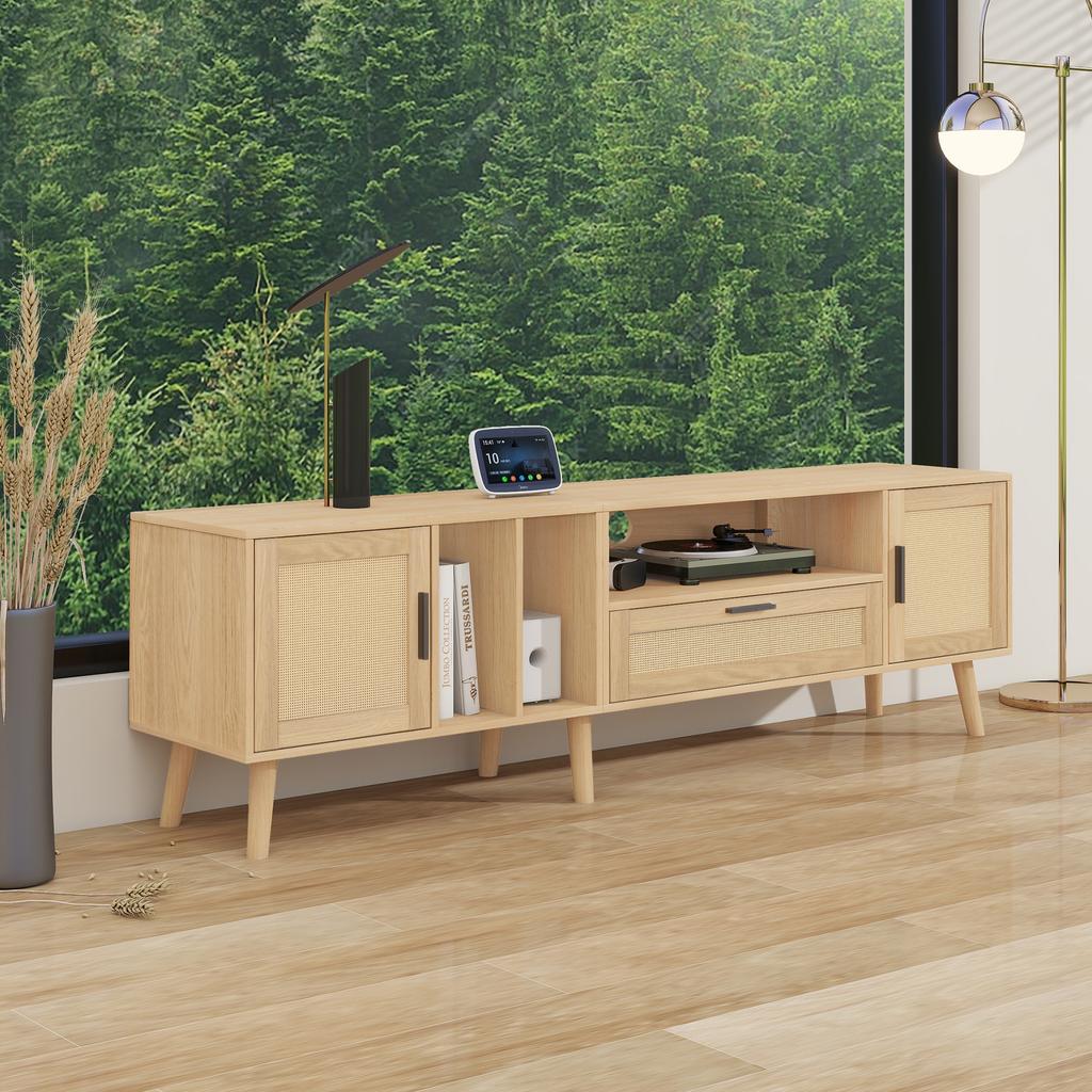 Spacious 180 Cm TV Cabinet with Rattan Decoration, 2 Doors and One Drawer, Solid Wood Legs, Provides Space for an 80-Inch TV, TV Storage Cabinet