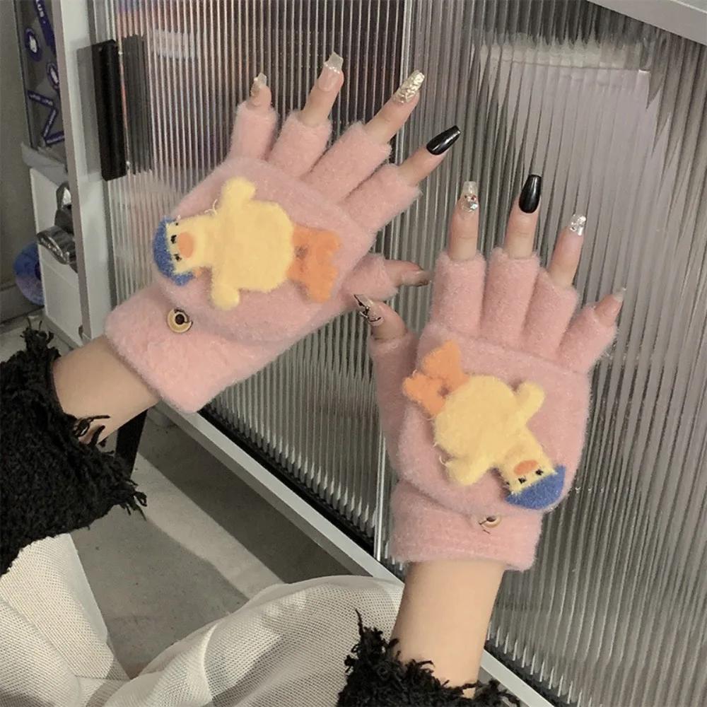 Elegant Cartoon Flip Gloves Duck Korean Style Half Finger Gloves Coldproof Touch Screen Winter Mittens Writting