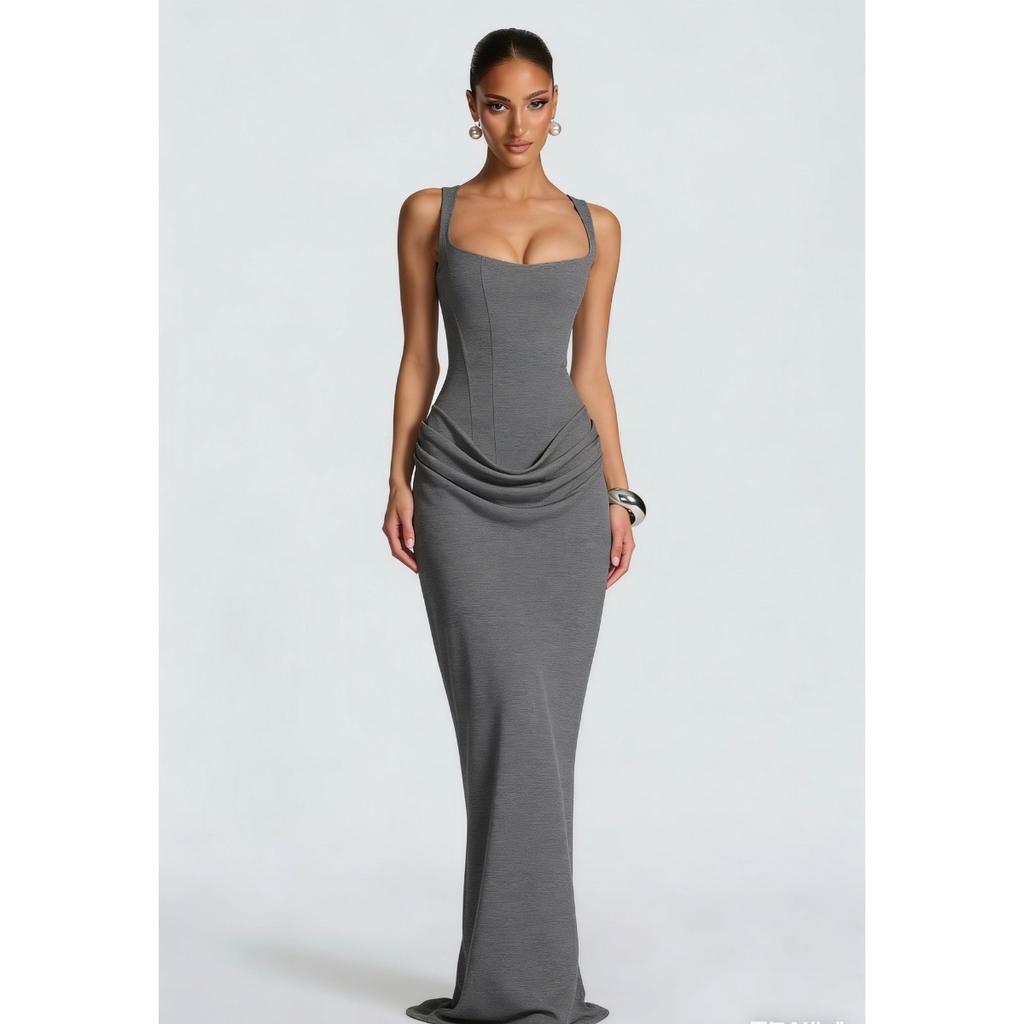 Women's Long Sleeve Slim Fit Corset Strappy Solid Bodycon Maxi Dress, Casual Pure Aesthetic Evening Dress for Europe America