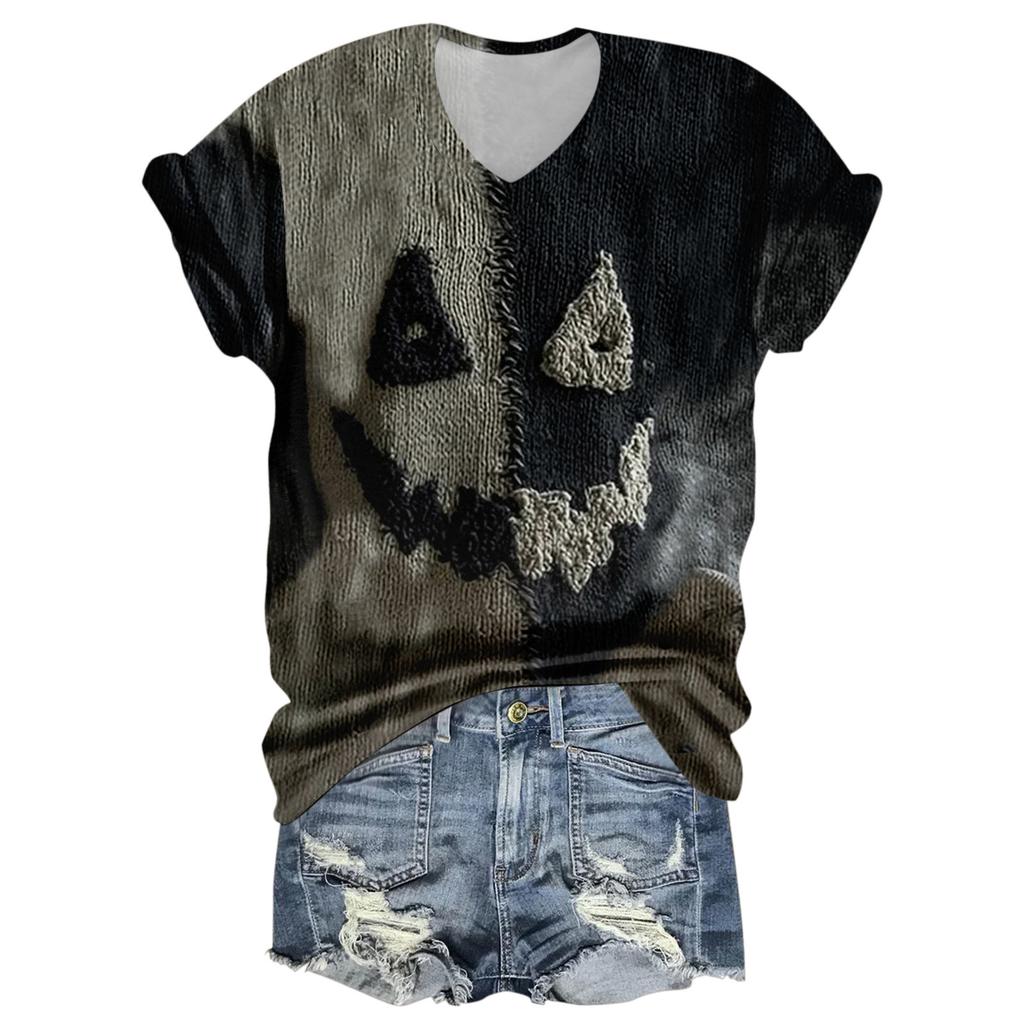 Women's Fashion Casual Three-quarter Sleeve Halloween Letters,  Face Print Top