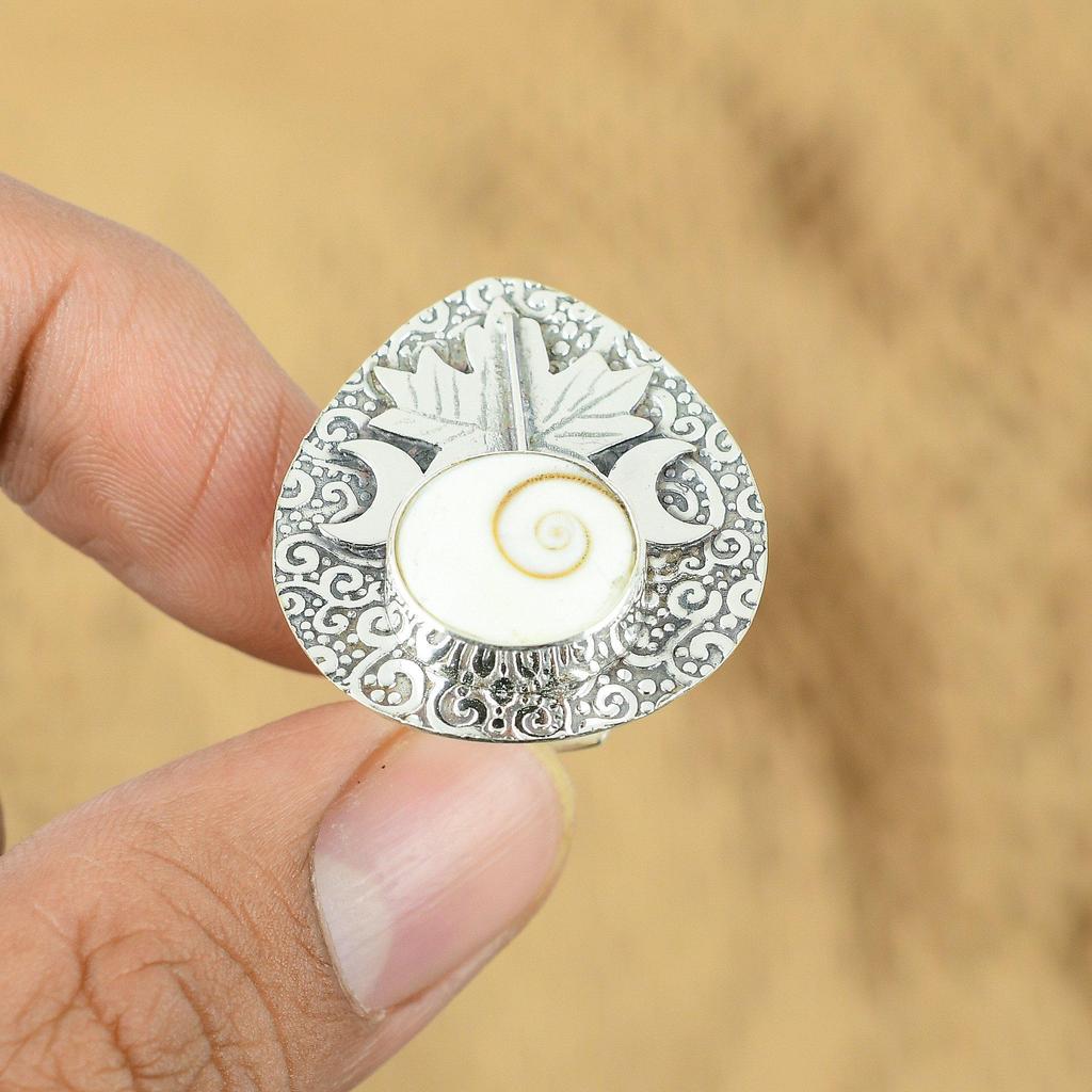 Natürliche Shiva-Auge-Muschel Versprechen Halbmond Verstellbarer Ring 925 Silber