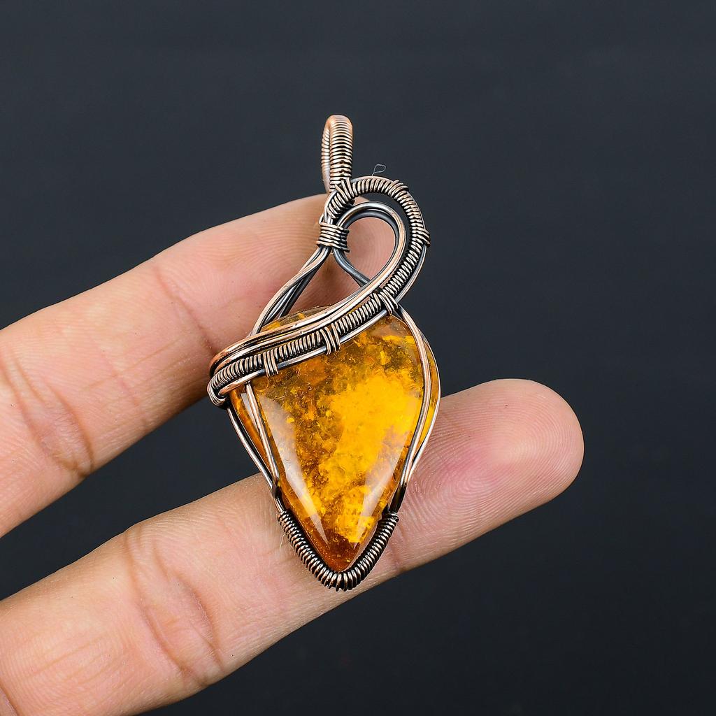 Natural Baltic Amber Gemstone Handmade Copper Wire Wrap Pendant 2.44" u4N72