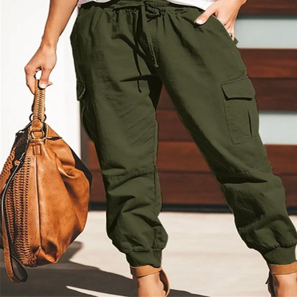 Women Cargo Pants Autumn Spring Elastic Waist Pocket Armygreen Black Gray Long Trousers