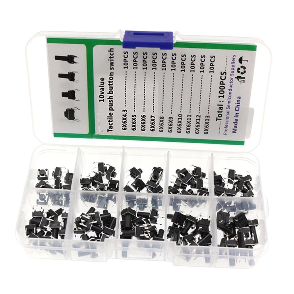 100 Pcs 10 Pins 6 x 6mm Micro Momentary Tact Tactile Push Button Switch assortment set with Storage